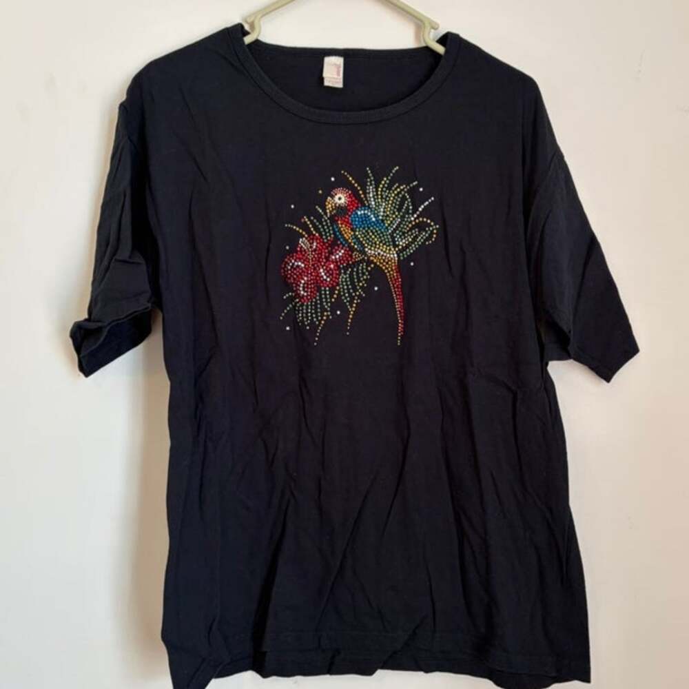 Anvil Black Rhinestone Parrot Macaw Graphic T-Shirt Size L Short Sleeve Tee